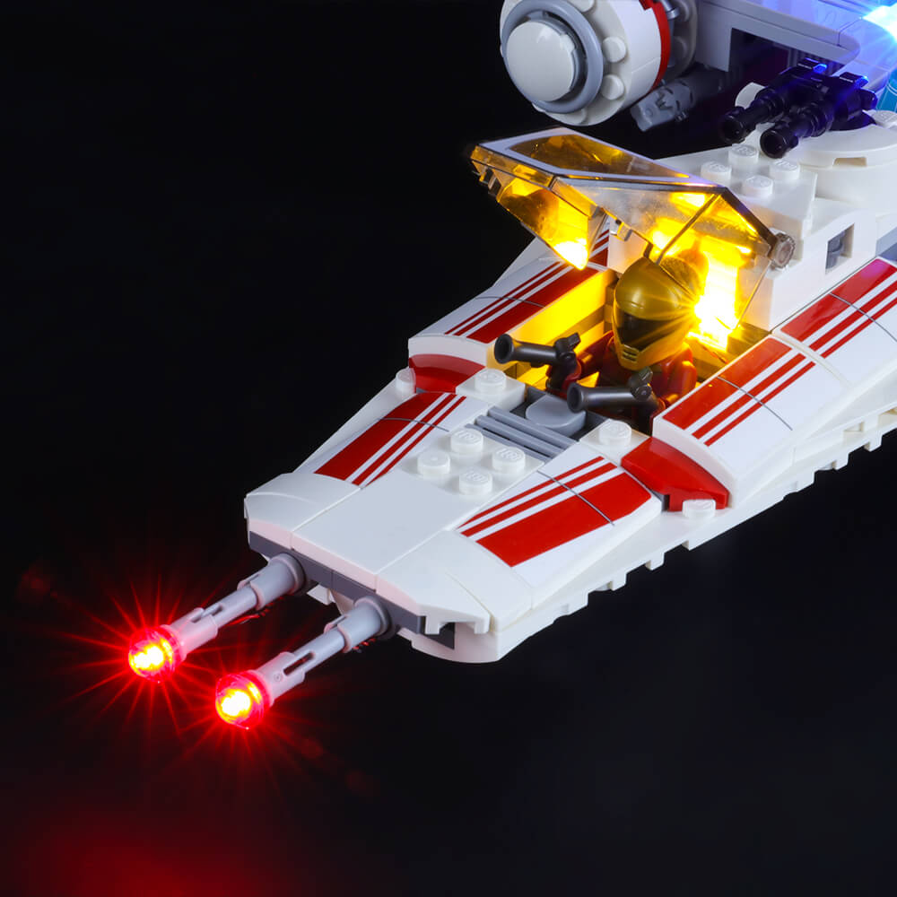 lego y wing starfighter with warm lights