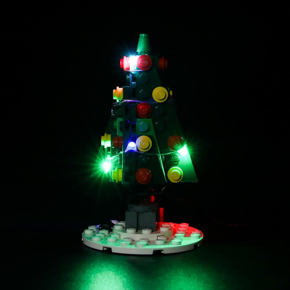 decorated Christmas tree with green light