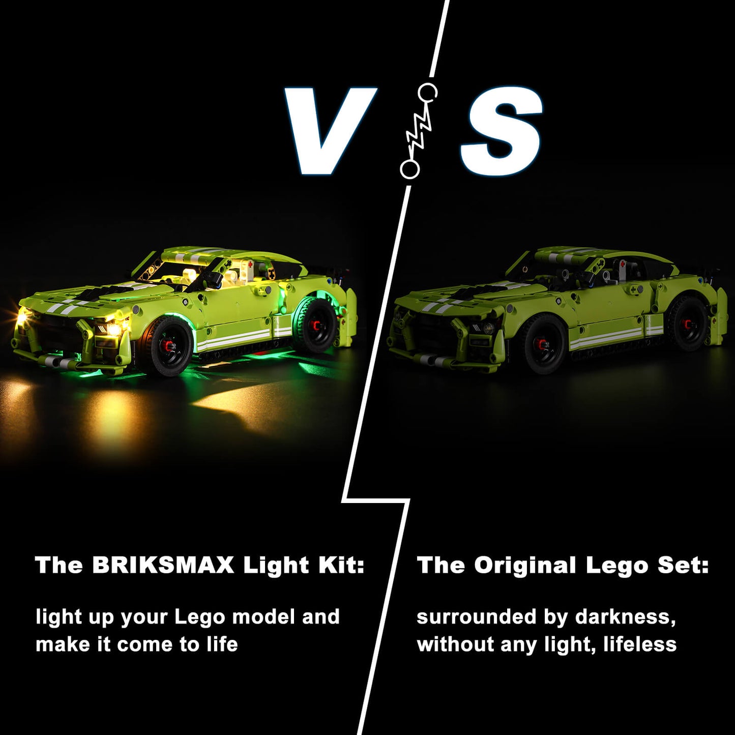 lego ford mustang shelby gt500 with lights or no lights comparision